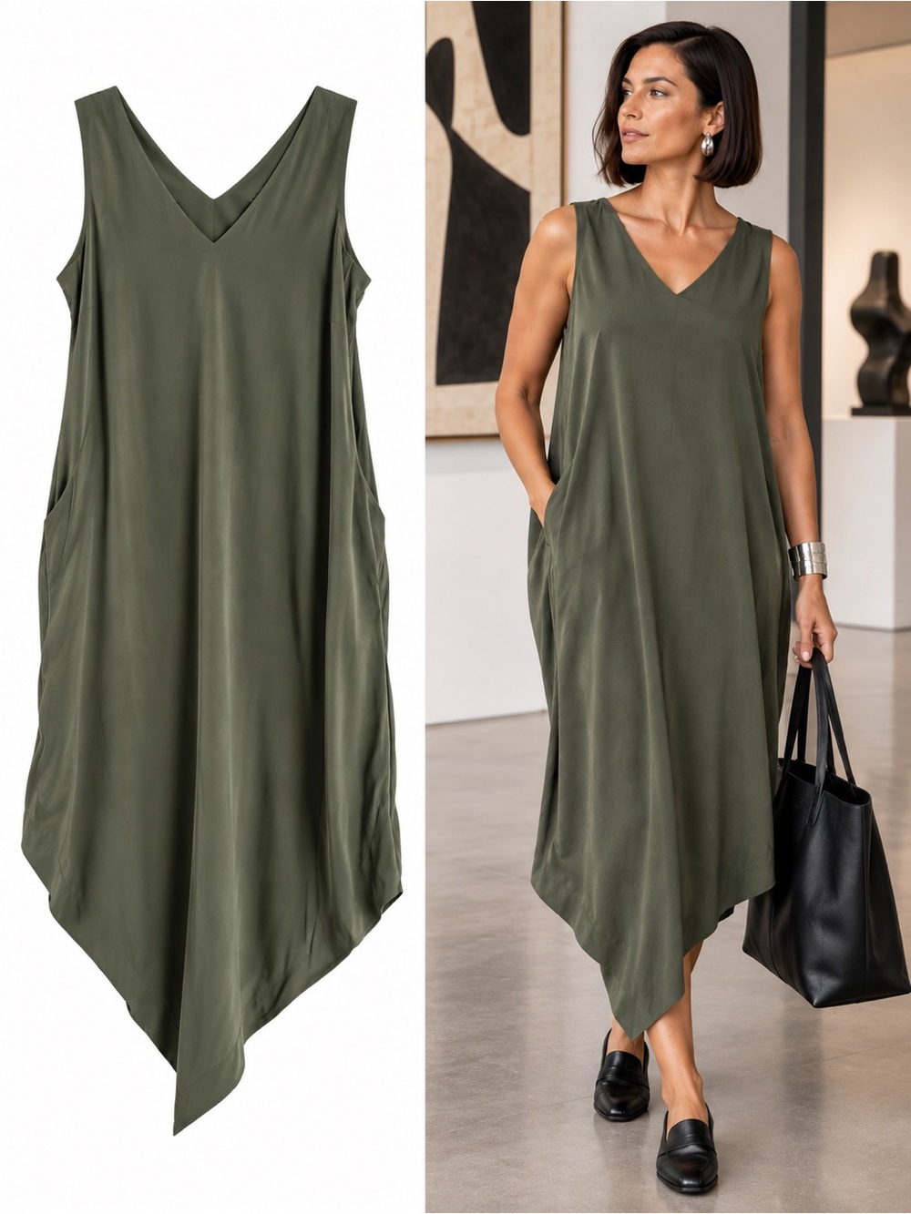 Universal Standard Geneva Cooling Cupro V Tank Dress Tarragon Olive XS 10-12